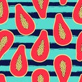 Vector tropical seamless pattern with papaya sliced Ã¢â¬â¹Ã¢â¬â¹fruit and stripes. Trendy summer design for textile, poster, banner,